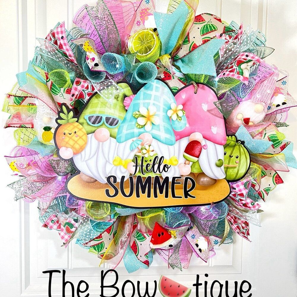 Handmade Summer Watermelon Pineapple Gnome Prelit Ribbon Wreath 22 in LED W2